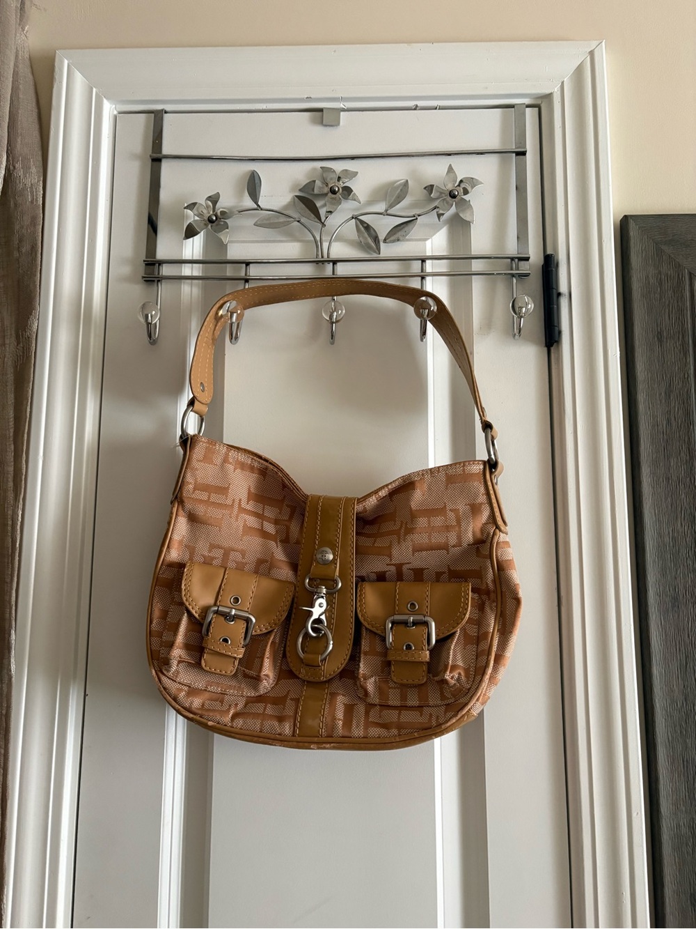 Vintage Tommy Hilfiger Tan Patterned Shoulder Bag with Buckle Accents
